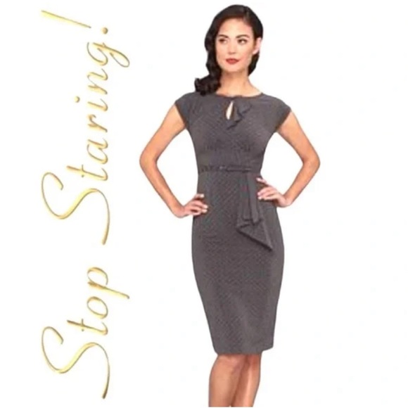 NWOT STOP STARING Timeless Fitted Dress Gray with Black Dot S - Picture 1 of 7